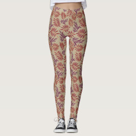 Leggings Lively Red and Purple Leaf Motifs on Neutral Beige
