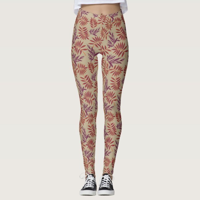 Leggings Lively Red and Purple Leaf Motifs on Neutral Beige (Anverso)