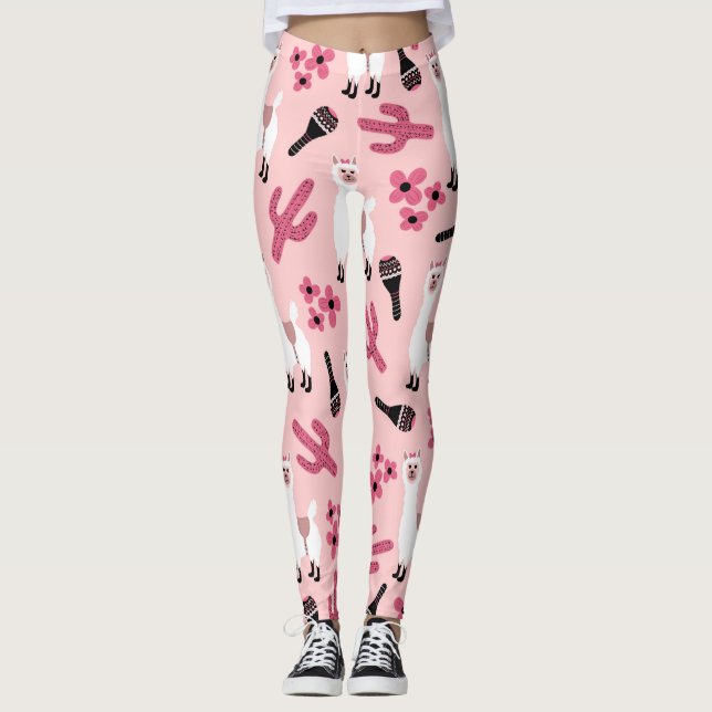 Leggings Llama blanca rosada adorable Maraca Cactus Floral (Anverso)