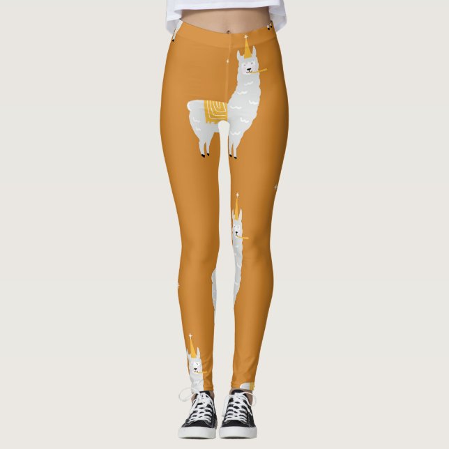 Leggings Llama, fondo naranja: patrón de cumpleaños. (Anverso)