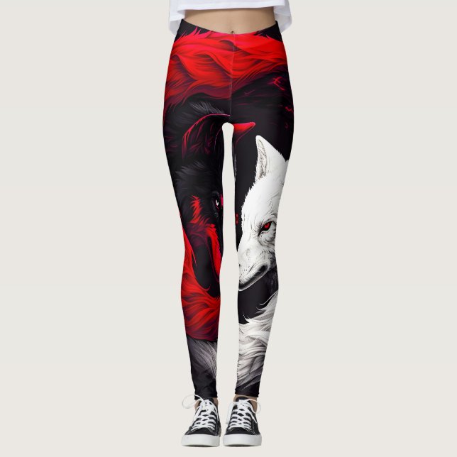 Leggings Lobo blanco rojo de la luna (Anverso)