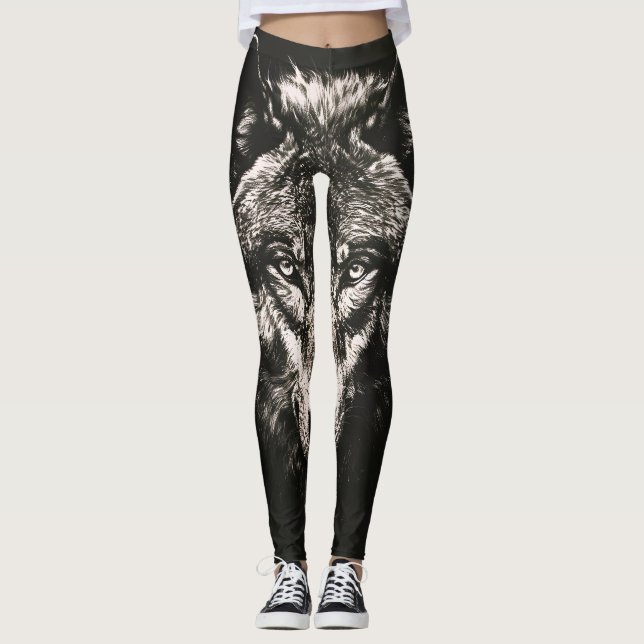 Leggings Lobo salvaje majestuoso monocromo (Anverso)