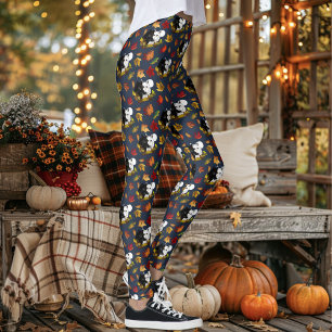 Leggings Lobos Blanco Negro Luz de Luna Hojas de Otoño