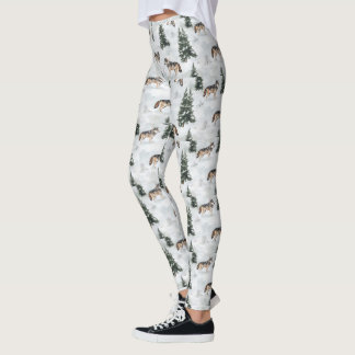 Leggings Lobos de Acuarela Árboles de Pino Cubiertos de Nie