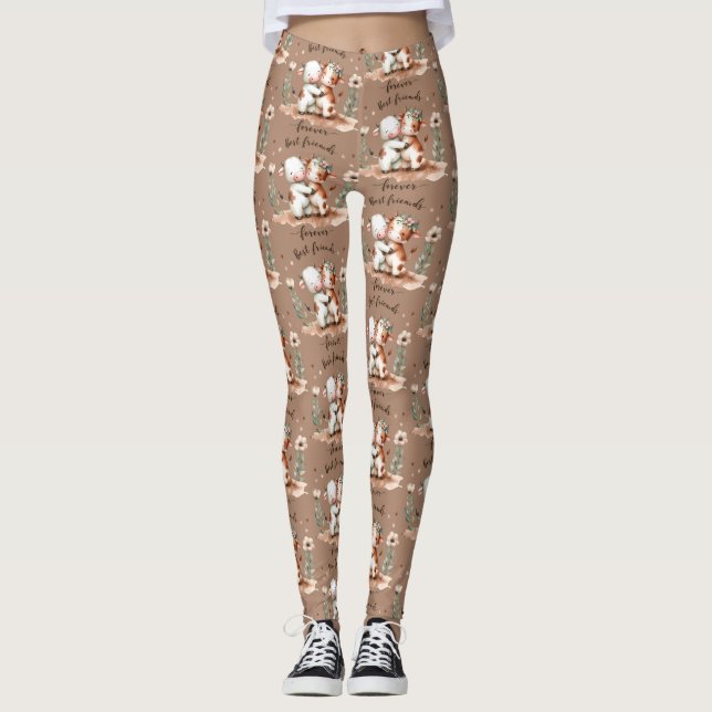 Leggings Los mejores amigos de Cute Cow abrazan el arte flo (Anverso)