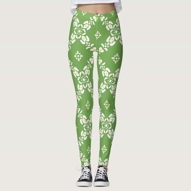 Leggings Los patrones verdes dejan flores (Anverso)