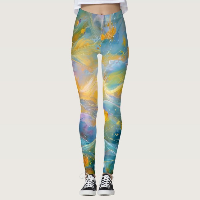 Leggings Loto dorado abstracto de flores flotantes (Anverso)