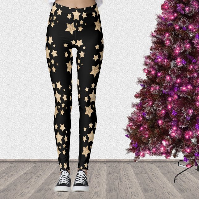 Leggings Luces de oro de Champagne purpurina brillan Estrel (Christmas Leggings with Champagne gold light faux glitter sparkles Stars pattern.)