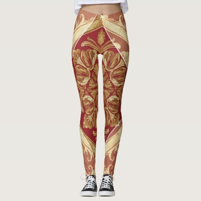 Leggings Lujo Athleisure: Rojo Dorado Ornado Largo L (Anverso)