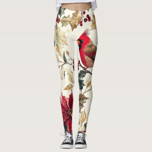 Leggings Lujo Cardenal Nochebuena Navidad Crema Rojo