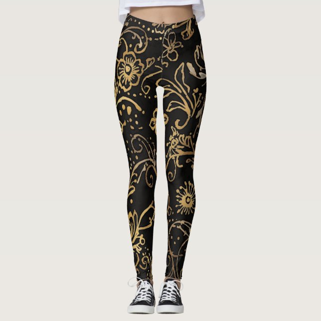 Leggings Lujo, patrón de flores de oro negro (Anverso)