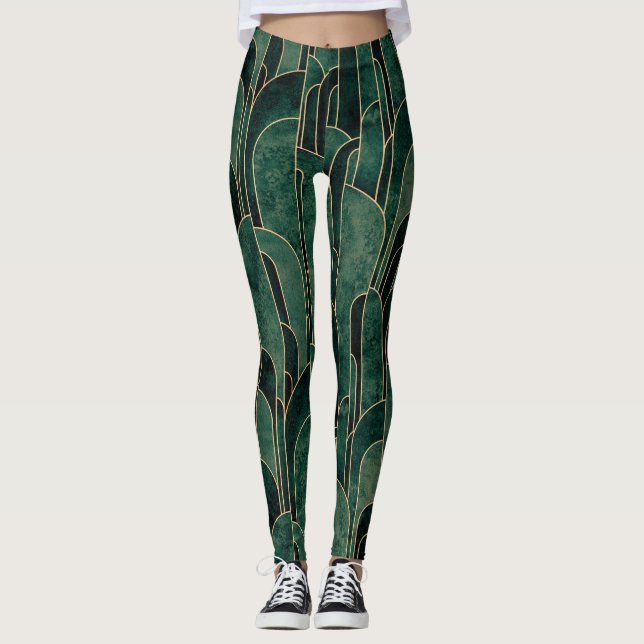 Leggings Lujoso patrón Art Deco Verde y Oro (Anverso)