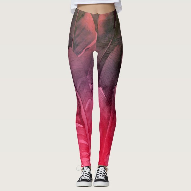 Leggings Luminosas hojas de palmilla tropical rosa (Anverso)