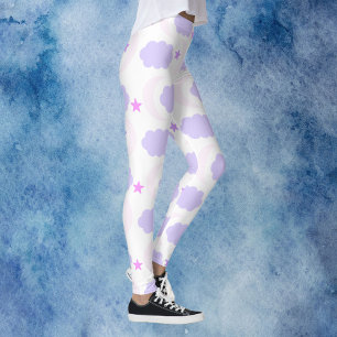 Leggings Luna Creciente Nubes Estrellas Patrón Rosa Púrpura