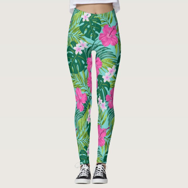 Leggings Luna Hibiscus Garden Hawaian - rosa y turquesa (Anverso)