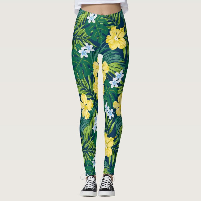 Leggings Luna Hibiscus Garden Hawaiian - Amarillo y Marina (Anverso)