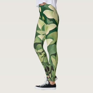 Leggings Luna Moth y flores - Verde y Crema