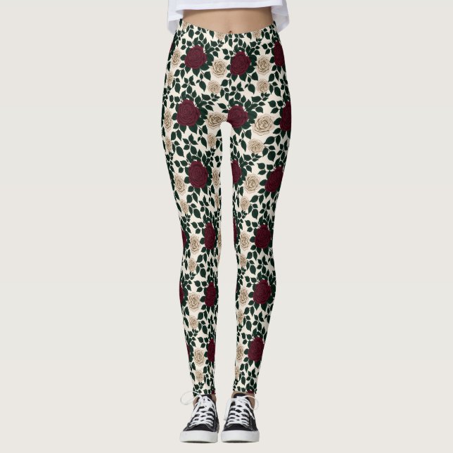 Leggings Lush Red And Burgundy Roses With Dark Green Leaves (Anverso)