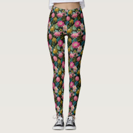 Leggings Lush Tropical Leaves Pink Exotic Flowers Botanical