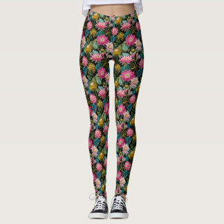 Leggings Lush Tropical Leaves Pink Exotic Flowers Botanical