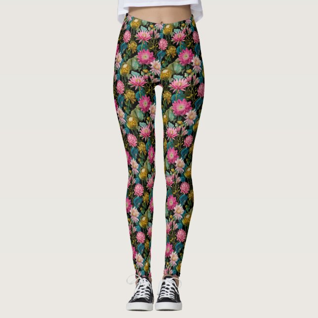 Leggings Lush Tropical Leaves Pink Exotic Flowers Botanical (Anverso)