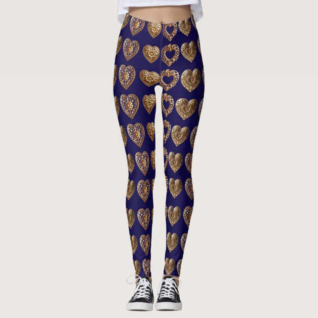 Leggings Luxurious Golden Baroque Hearts Pattern on Navy Bl (Anverso)