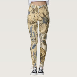 Leggings Luxury Flowers are Blooming, Gold Beige Soft Blue