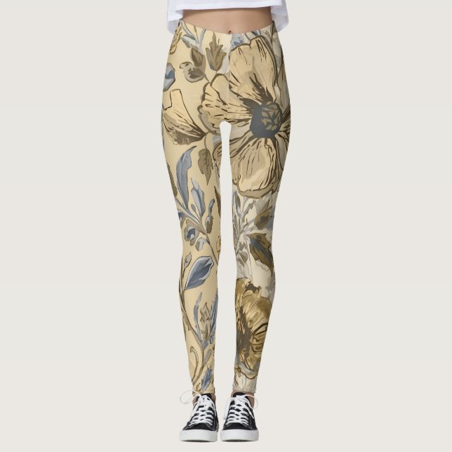 Leggings Luxury Flowers are Blooming, Gold Beige Soft Blue (Anverso)