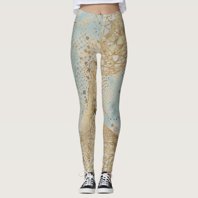 Leggings Luxury, Gold Pixels Lines Pattern Soft Blue (Anverso)