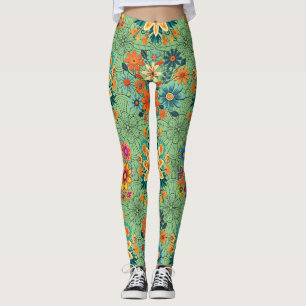 Leggings Maceteros de flores multicolores patrón. Negro L F