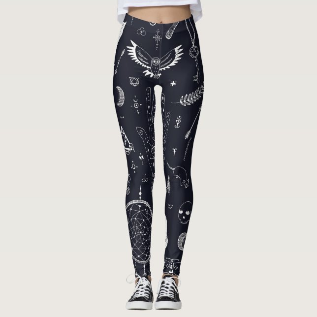 Leggings Magia de Halloween: Patrón de Doodle Vintage. (Anverso)