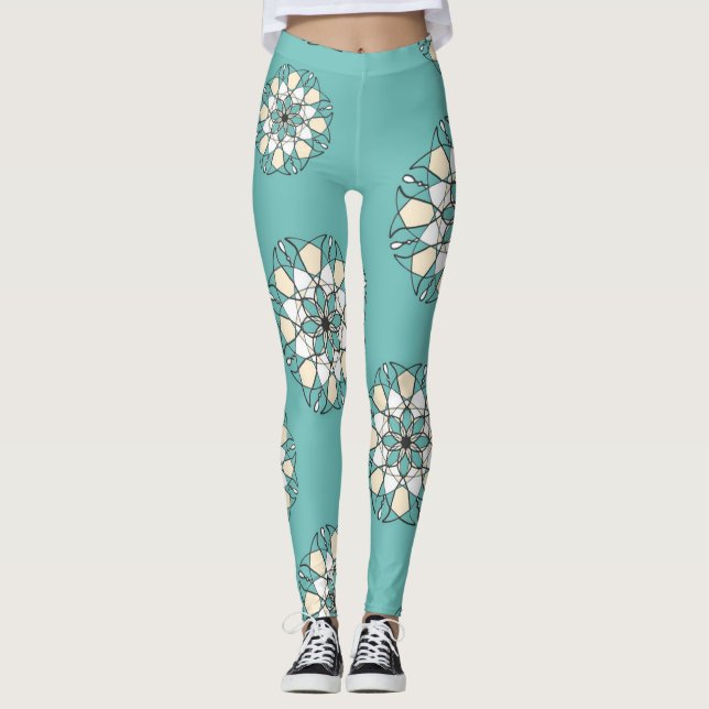 Leggings Magnífica Turquesa Gran Flor Blanca Mujer (Anverso)