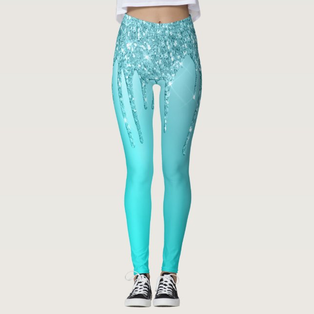 Leggings Magníficas hierbas de menta azul y purpurina turqu (Anverso)