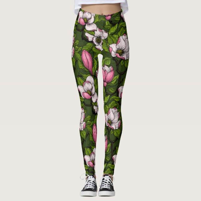 Leggings Magnolia floreciente en verde oscuro (Anverso)