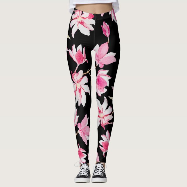 Leggings Magnolia romántica: acuarela negra (Anverso)