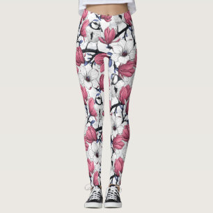 Leggings Magnolia rosa y aves azules
