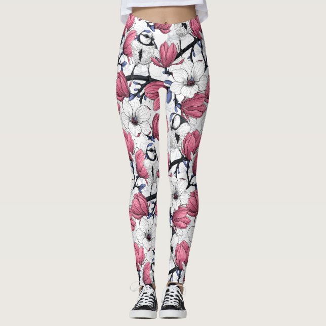Leggings Magnolia rosa y aves azules (Anverso)