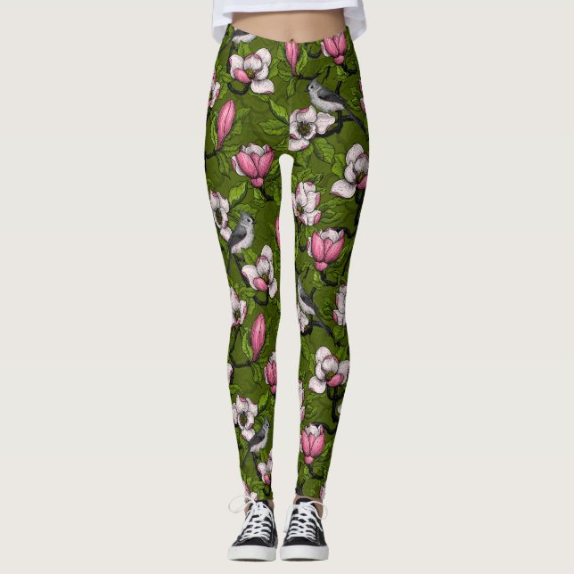 Leggings Magnolia y pájaro del titmouse 2 (Anverso)