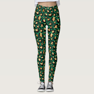 Leggings Mancha de leopardo dorado y verde oscuro elegante