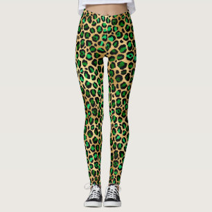 Leggings Mancha de leopardo dorado y verde oscuro elegante