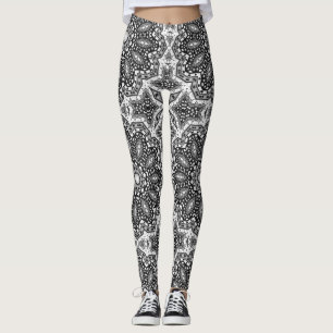 Leggings Mandala blanca negra, caleidoscopio, ornamento red
