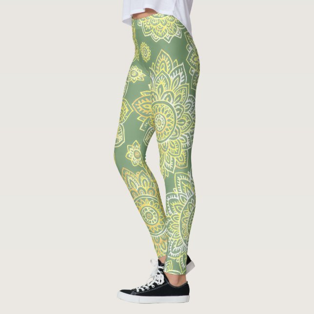 Leggings Mándala boho verde salvia dibujado a mano (Izquierda)
