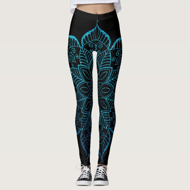 Leggings Mándala de brillo falso en azul verde oscuro sobre (Anverso)