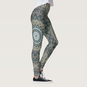 Leggings Mándala de color taupe y azul verdoso con simetría
