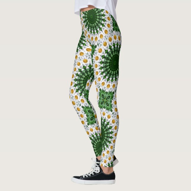 Leggings Mandala de margarita blanca con simetría verde fre (Izquierda)