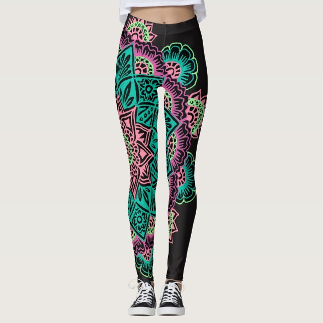 Leggings Mandala de neón brillante (Anverso)