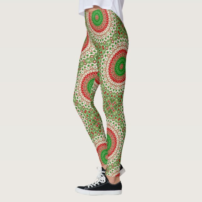 Leggings Mandala de vacaciones clásicas en rojo, verde y or (Izquierda)