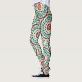 Leggings Mandala de vacaciones en blanco rojo, verde e inve