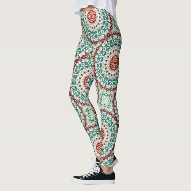 Leggings Mandala de vacaciones en blanco rojo, verde e inve (Izquierda)