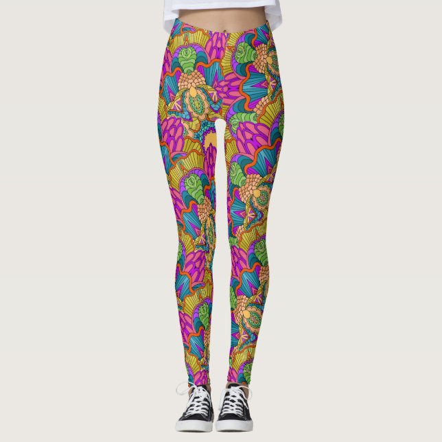 Leggings Mandala Diseño en rosa, azul y oro ricos (Anverso)